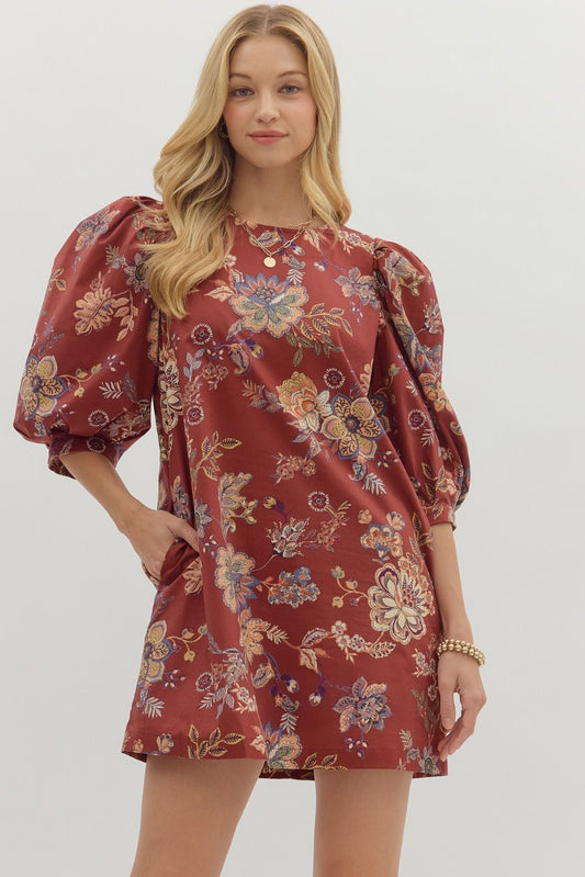Entro Floral Print Elbow Puff Sleeve Mini Dress – Burgundy