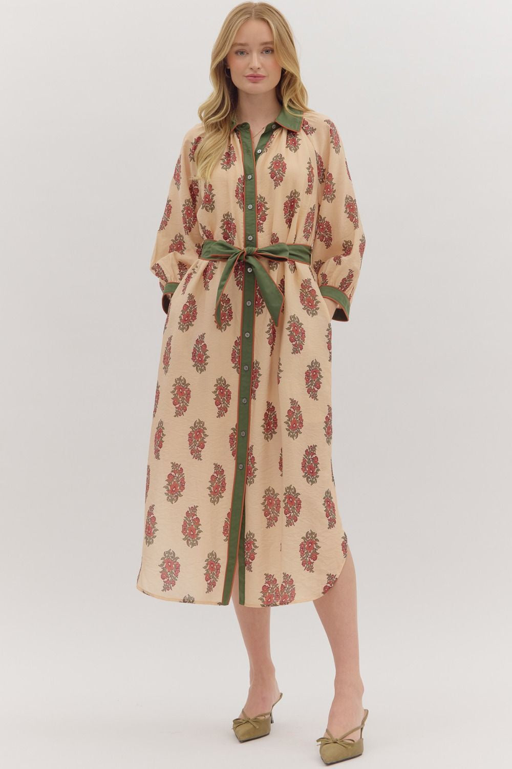 Entro Botanical Print 3/4 Sleeve Midi Dress with Self-Tie Belt