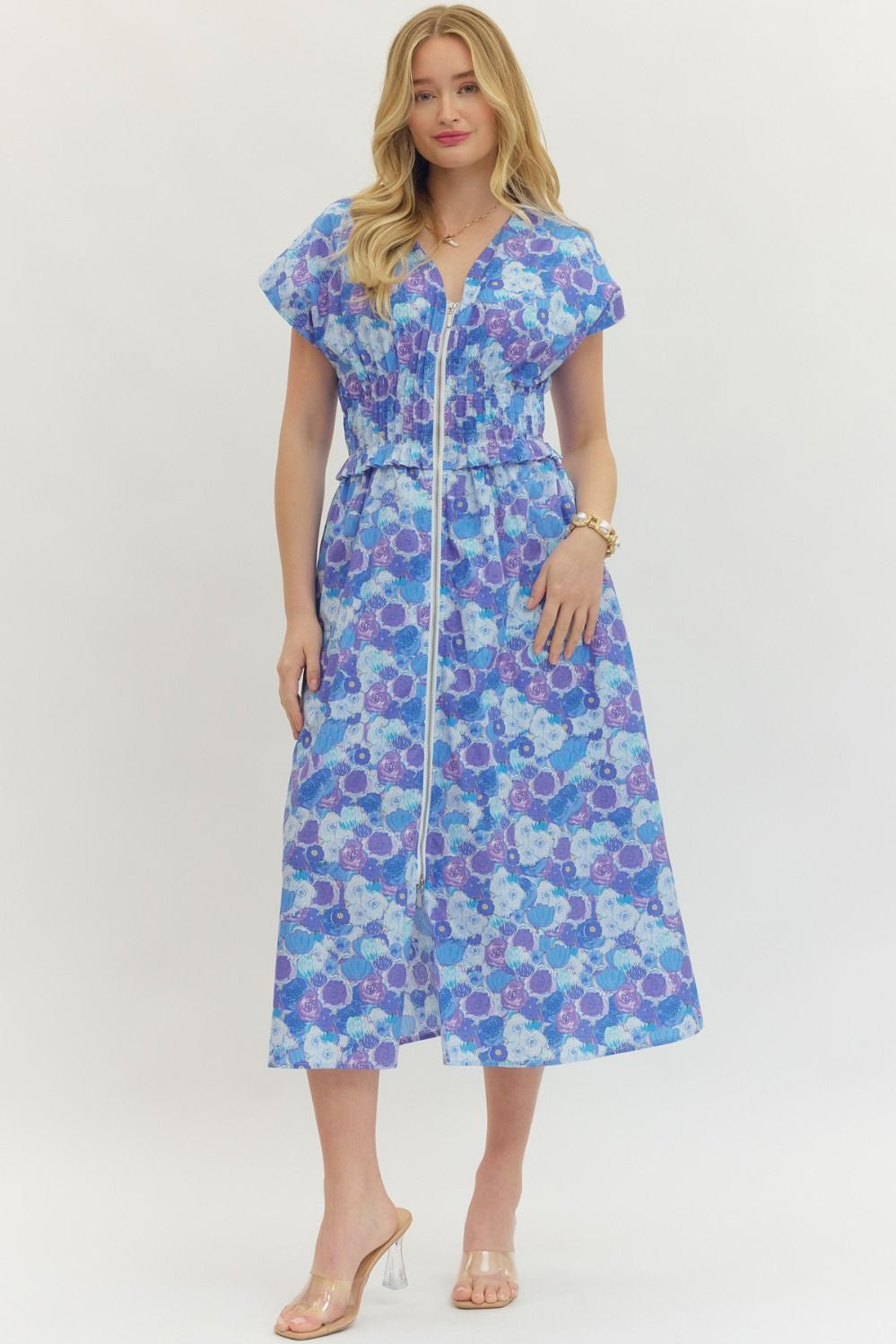 Entro Blue & Purple Floral Flutter Sleeve Midi Dress