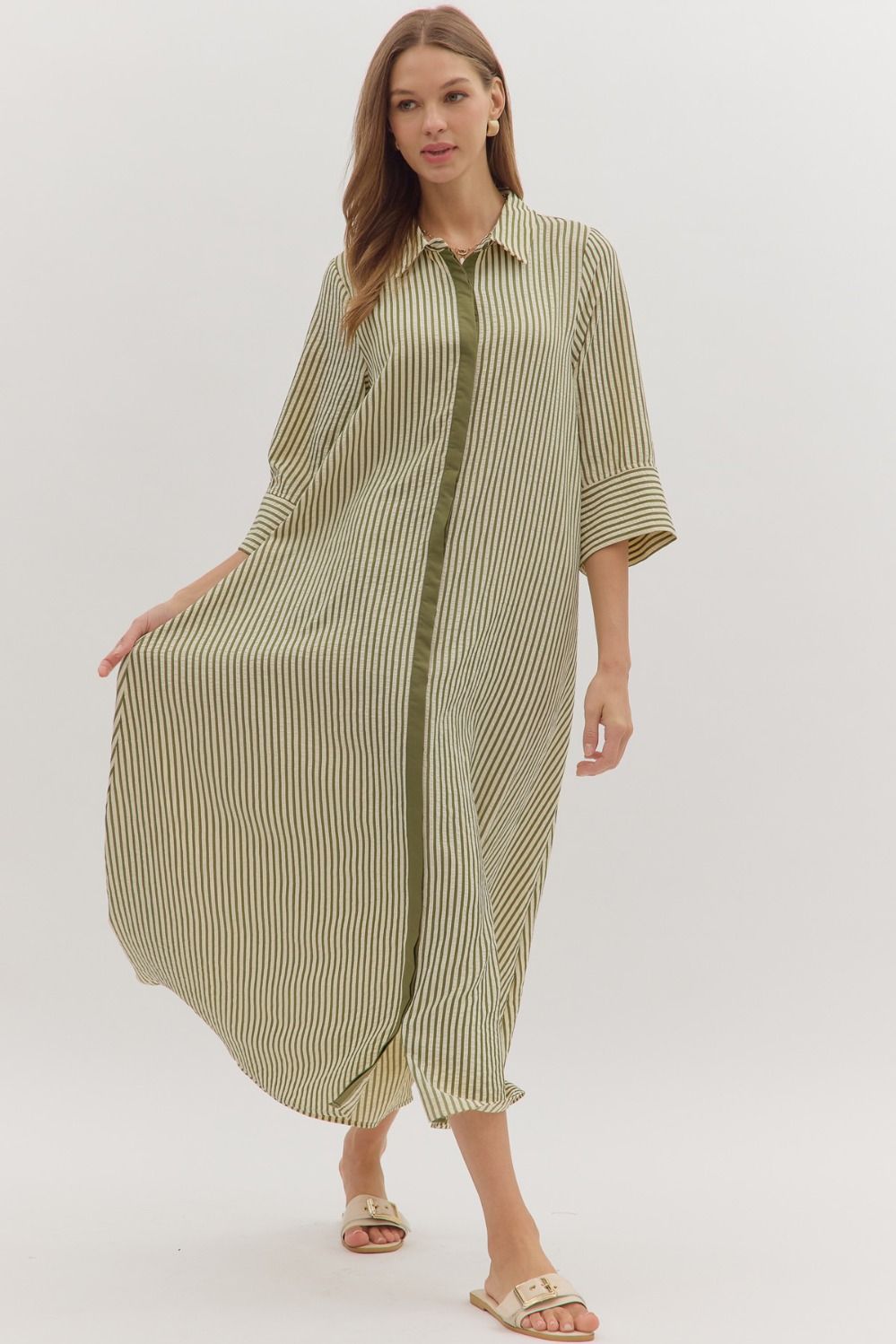 Entro Olive Green Striped ¾ Sleeve Midi Shirt Dress