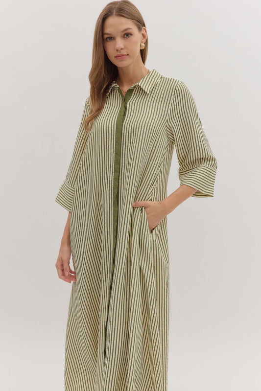 Entro Olive Green Striped ¾ Sleeve Midi Shirt Dress