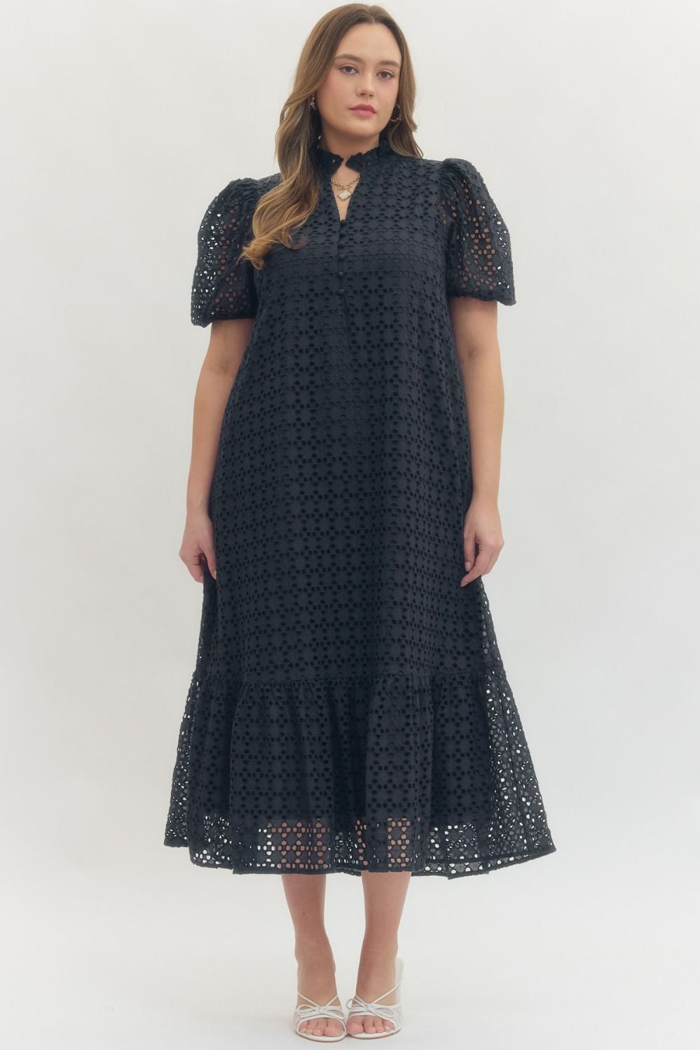 eyelet puff sleeve midi dress White puff sleeve eyelet midi dress ImageBoutique