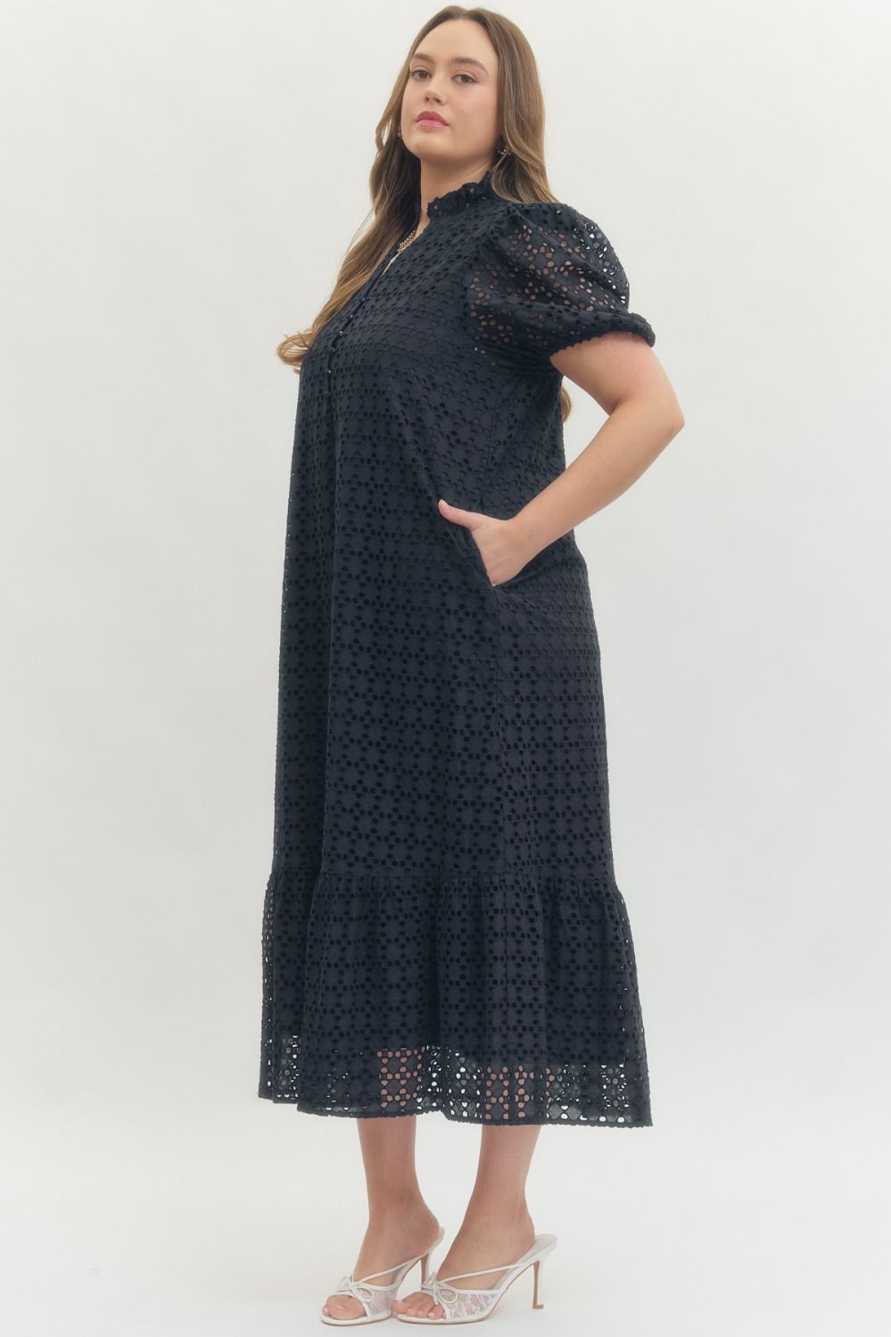 PLUS Entro Navy Eyelet Puff Sleeve Midi Dress with Pockets