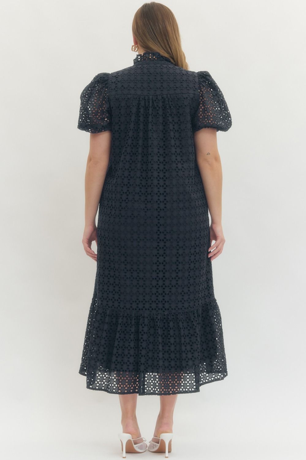 PLUS Entro Navy Eyelet Puff Sleeve Midi Dress with Pockets