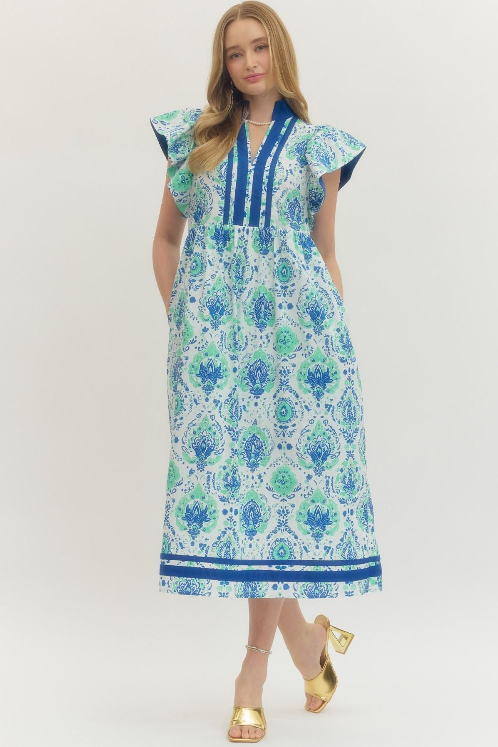 Entro Blue & Green Botanical Print Flutter Sleeve Midi Dress