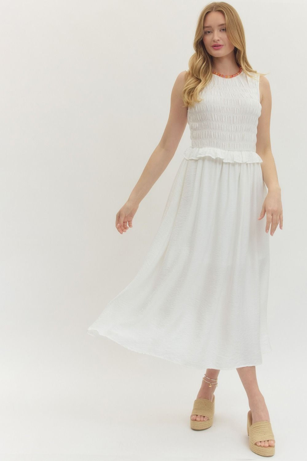 Entro Off White Smocked Bodice Sleeveless Midi Dress