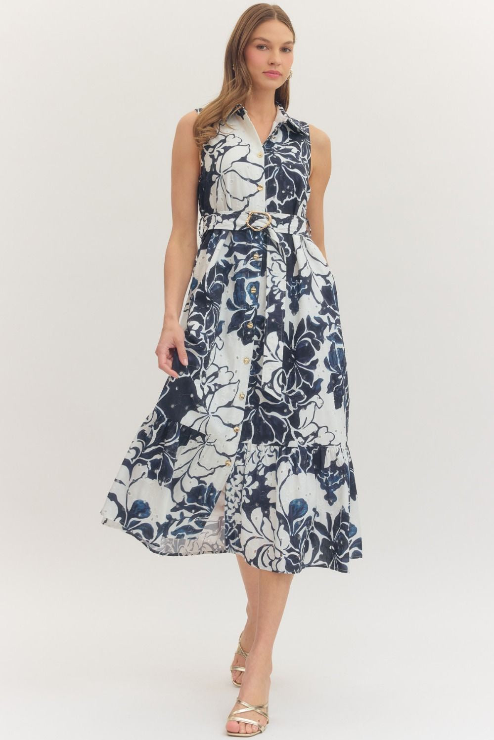Entro Navy Floral Print Sleeveless Midi Dress with Tie Waist