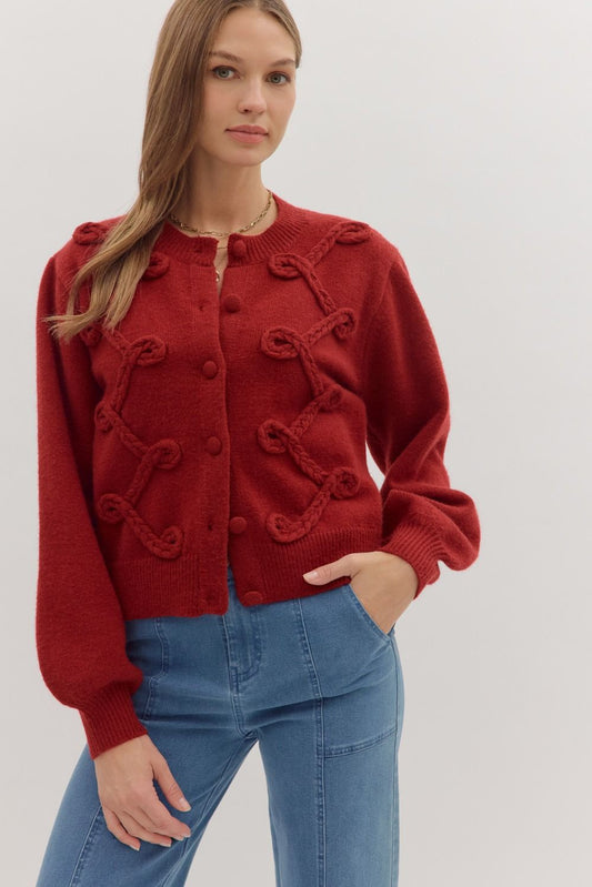 Entro Holiday Red Long Sleeve Knit Cardigan with Looped Trim Detail