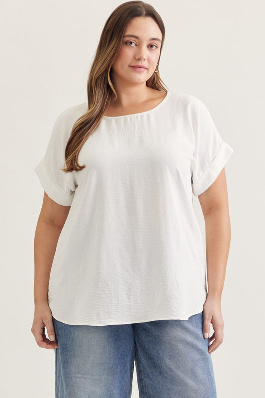 PLUS Entro White Scoop Neck Turn-Up Sleeve Pullover Top