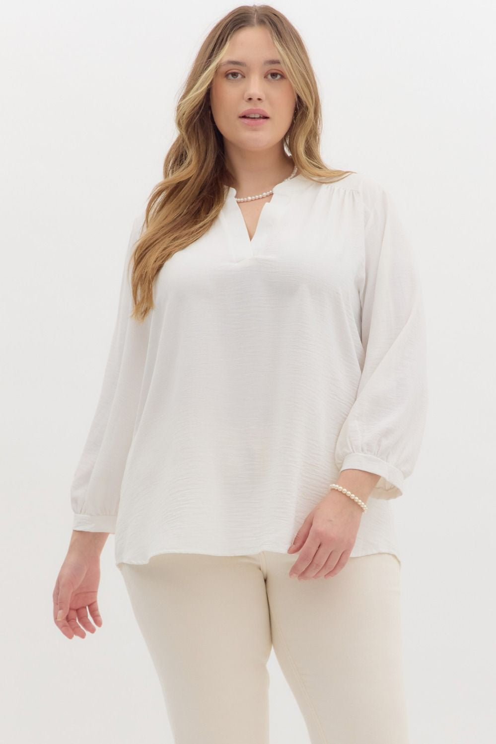 PLUS Entro Solid White 3/4 Sleeve V-Neck Top