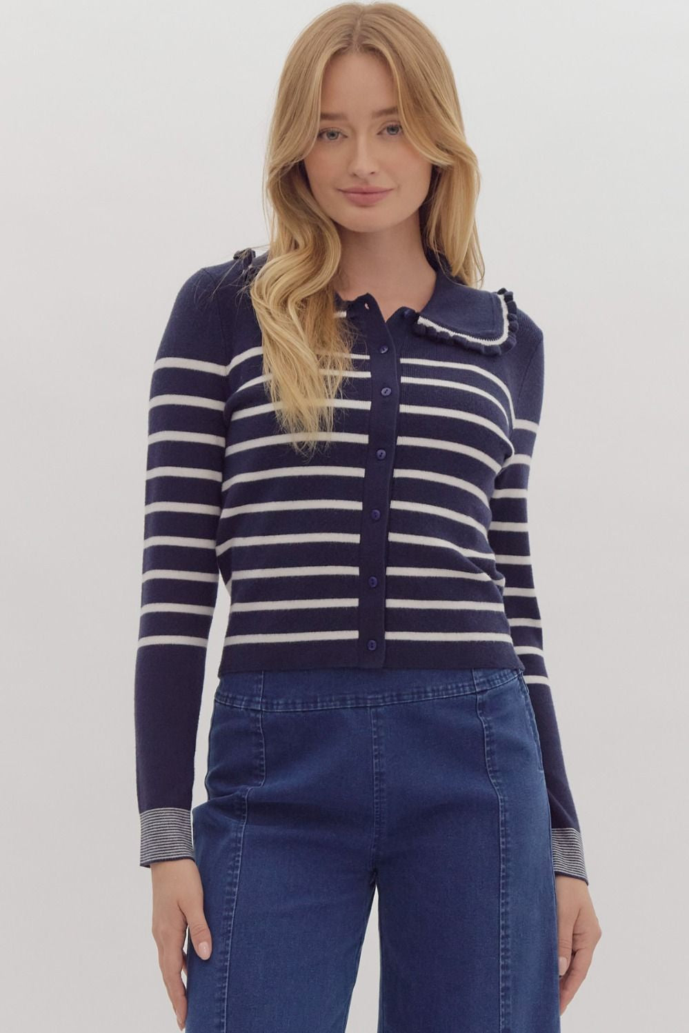 Navy Stripe Ruffle Collar Sweater with Buttons