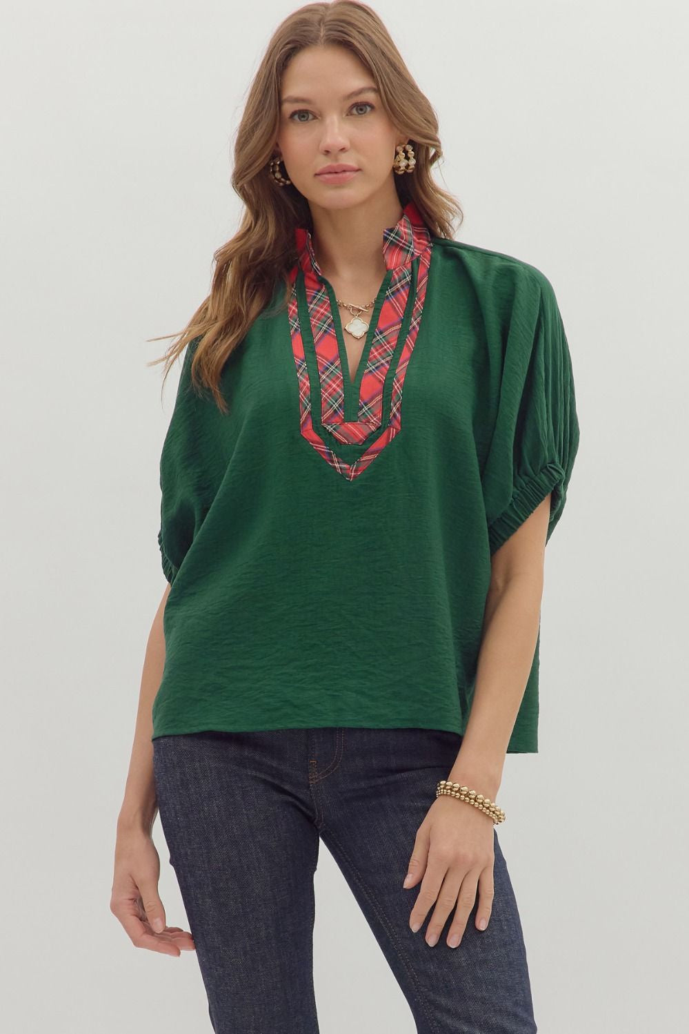 Entro Plaid Trim V-Neck Dolman Top – Holiday Chic