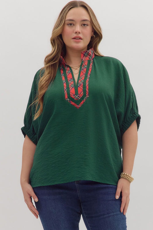 PLUS Entro Plaid Trim V-Neck Dolman Top – Holiday Chic