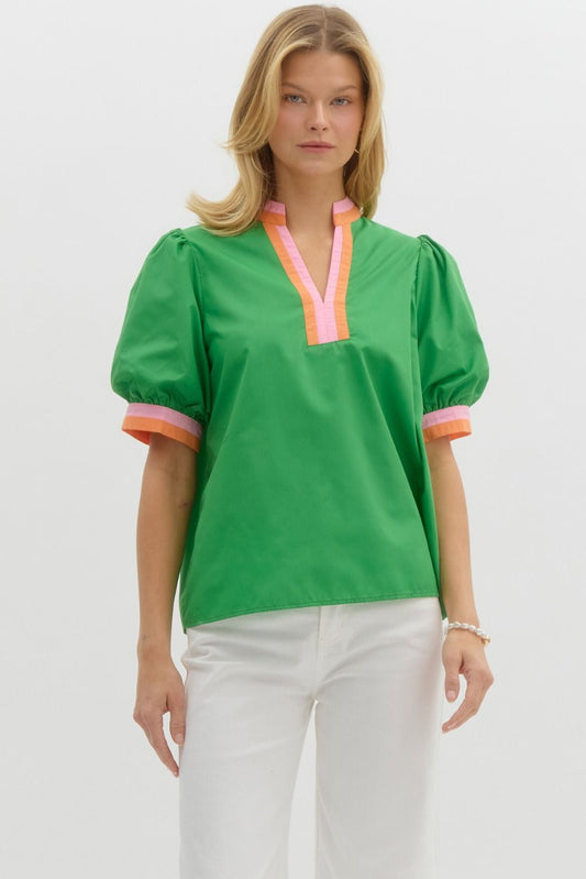 Entro Green Bubble Sleeve Blouse with Multicolor Trim