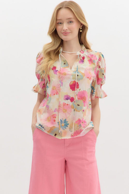 Floral print smocked short sleeve top