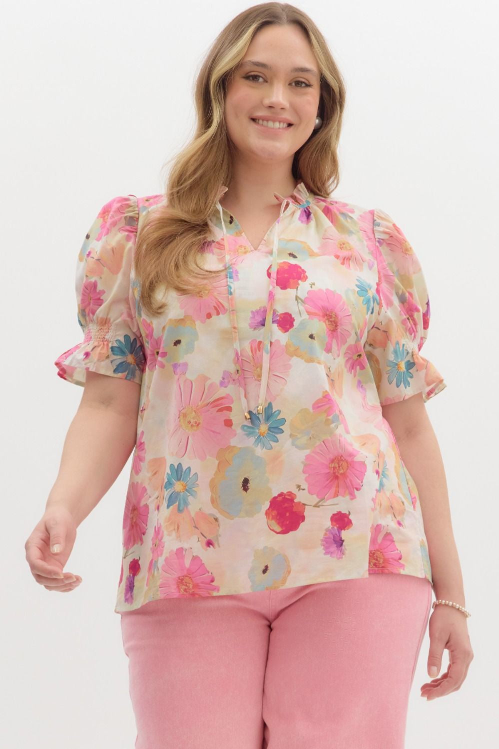 PLUS Floral print smocked short sleeve top