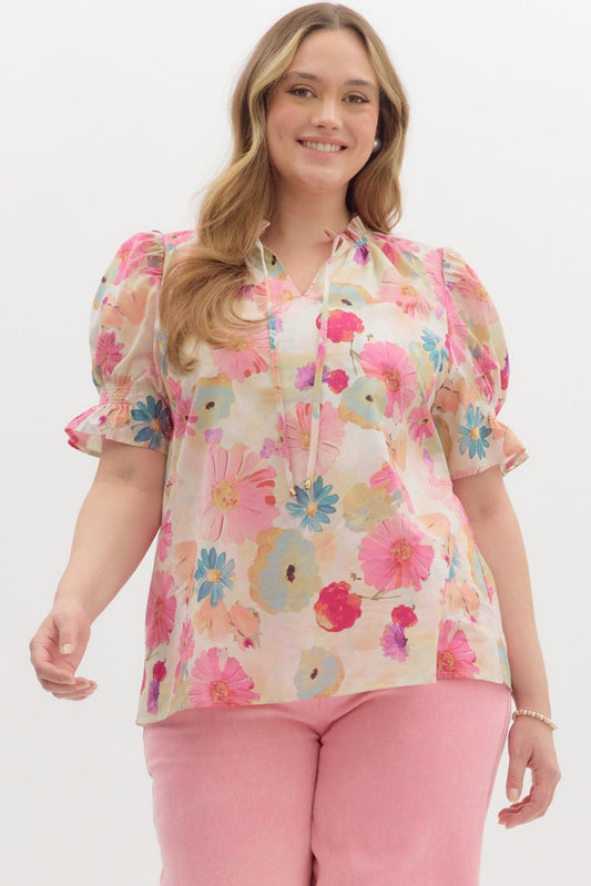 PLUS Floral print smocked short sleeve top