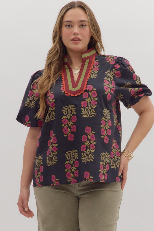 PLUS Entro Black Floral Bubble Sleeve Blouse with Multicolor V-Neck Accent