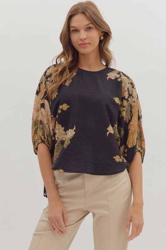 Entro Botanical Print Puff Sleeve Tie Hem Top