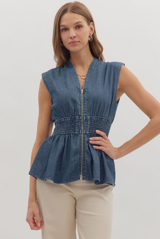 Entro Sleeveless Smocked Waist Denim Peplum Top