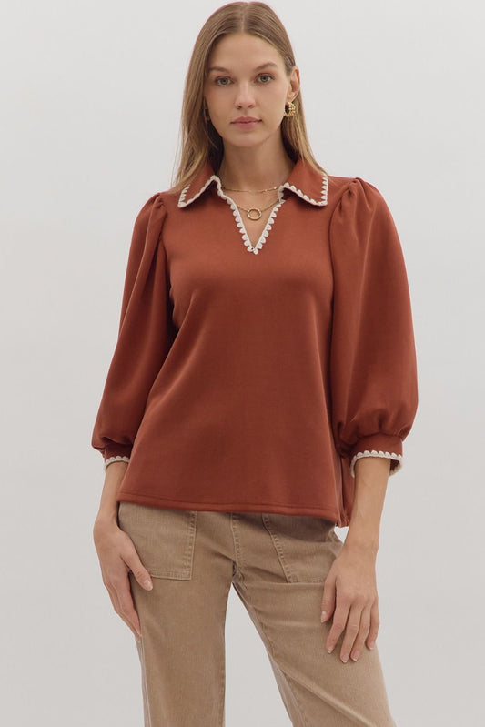 Entro Clay 3/4 Puff Sleeve Knit Top with Split Neck and Scallop Trim – Lightweight