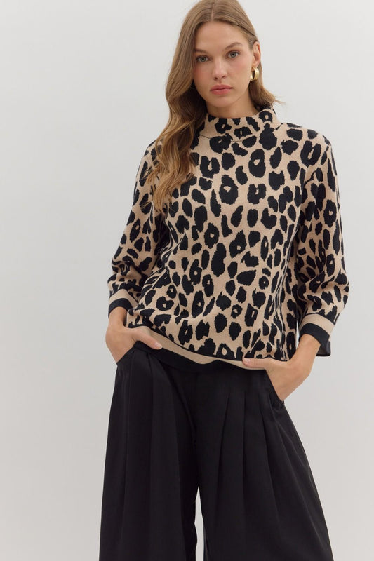 Entro Leopard Print Mock Neck Sweater with ¾ Sleeves