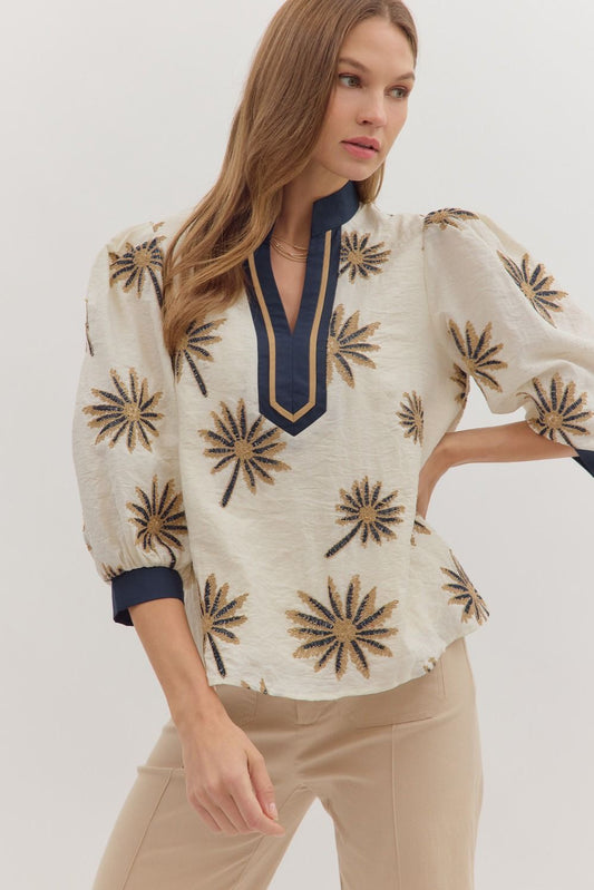 Entro Botanical Embroidered 3/4 Puff Sleeve Blouse