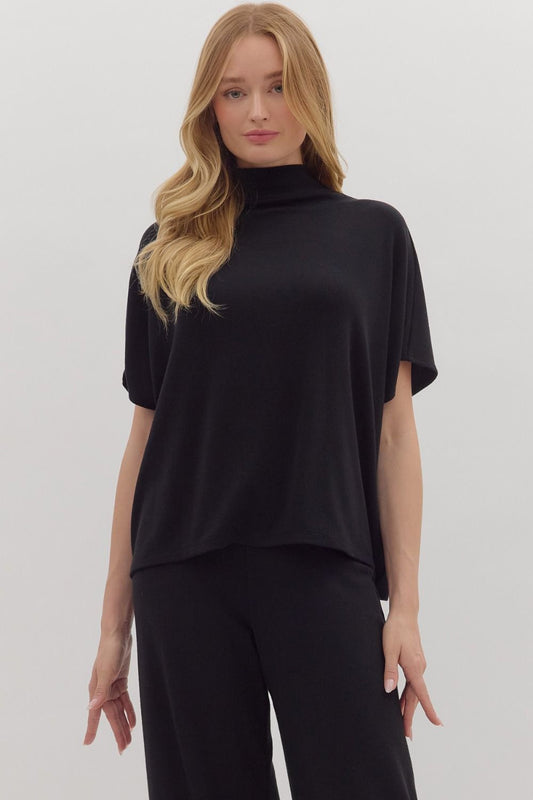 Entro Black Short Sleeve Mock Neck Pullover Top – Lightweight Knit