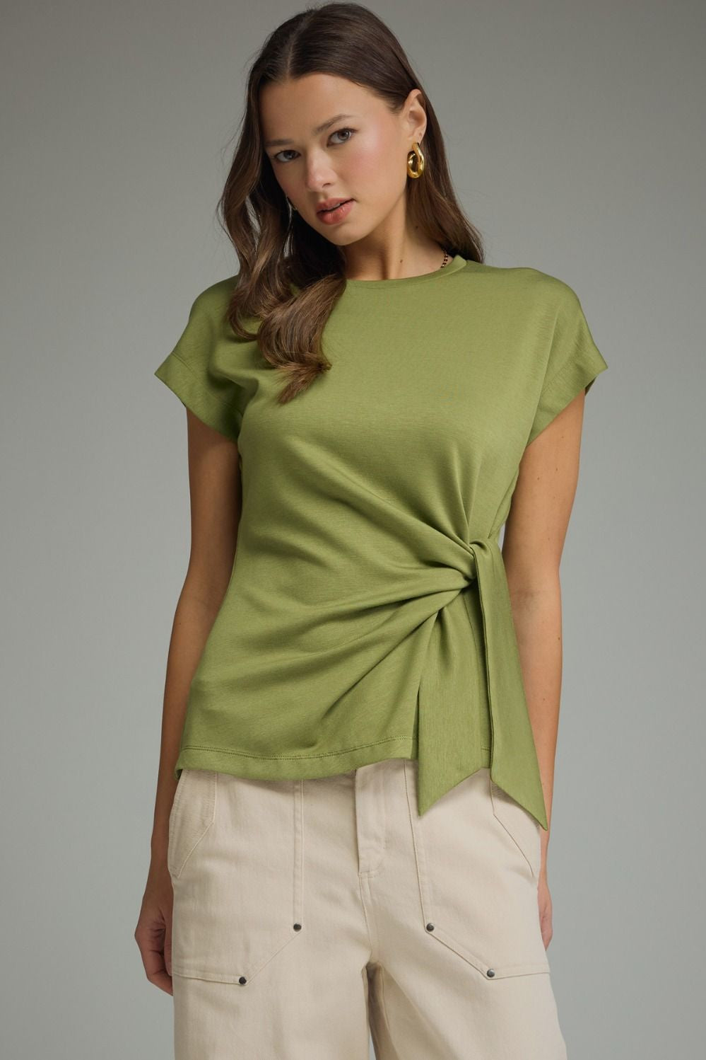Entro Side Tie Bow Short Sleeve Knit Top - Lt Olive