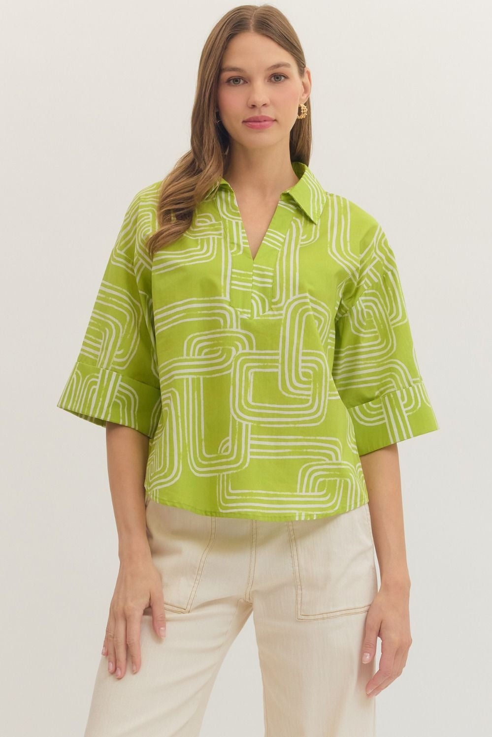 Entro Chartreuse Abstract Print Collared Split V-Neck Top