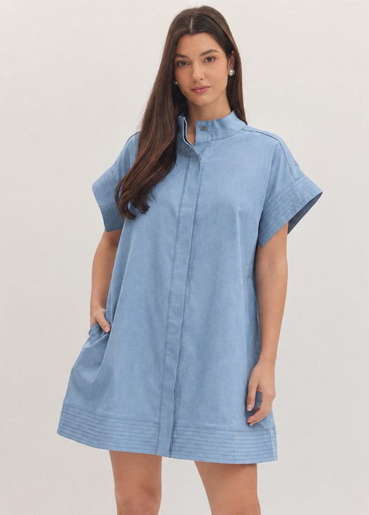 Entro Chambray Hidden Placket Mini Dress