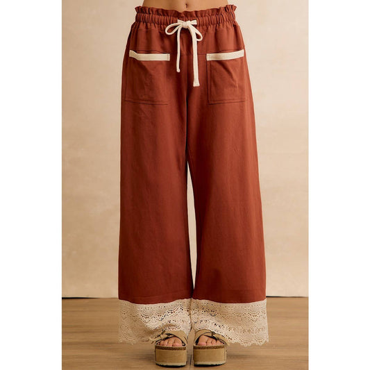 BiBi Brown Cotton Double Front Pocket Pant with Lace Hem