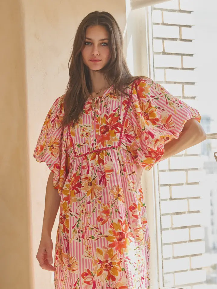 Floral Striped Babydoll Mini Dress with Lace Trim – Pink Mix