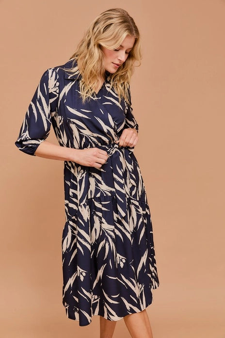 Navy Abstract Print Dress with Tie Waist