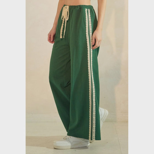 Lace Trim French Terry Wide Leg Sweatpants – Dark Green