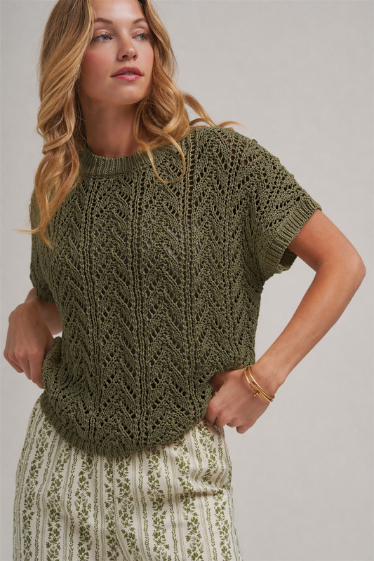 BON Olive Open Knit Chevron Sweater Top