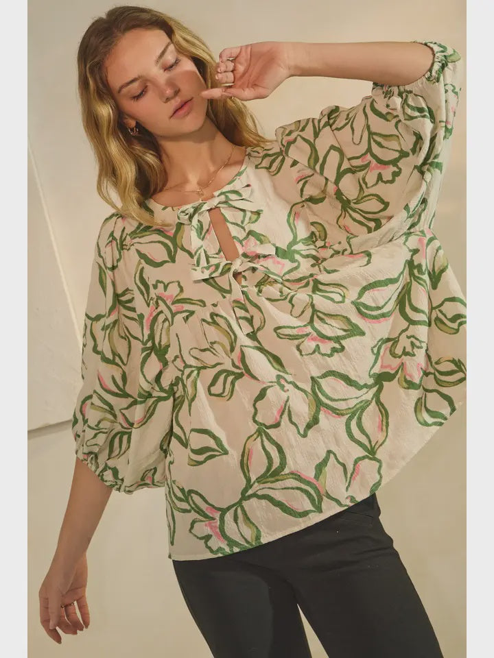 Textured Floral Blouse with Front Tie – Pink/Green Print