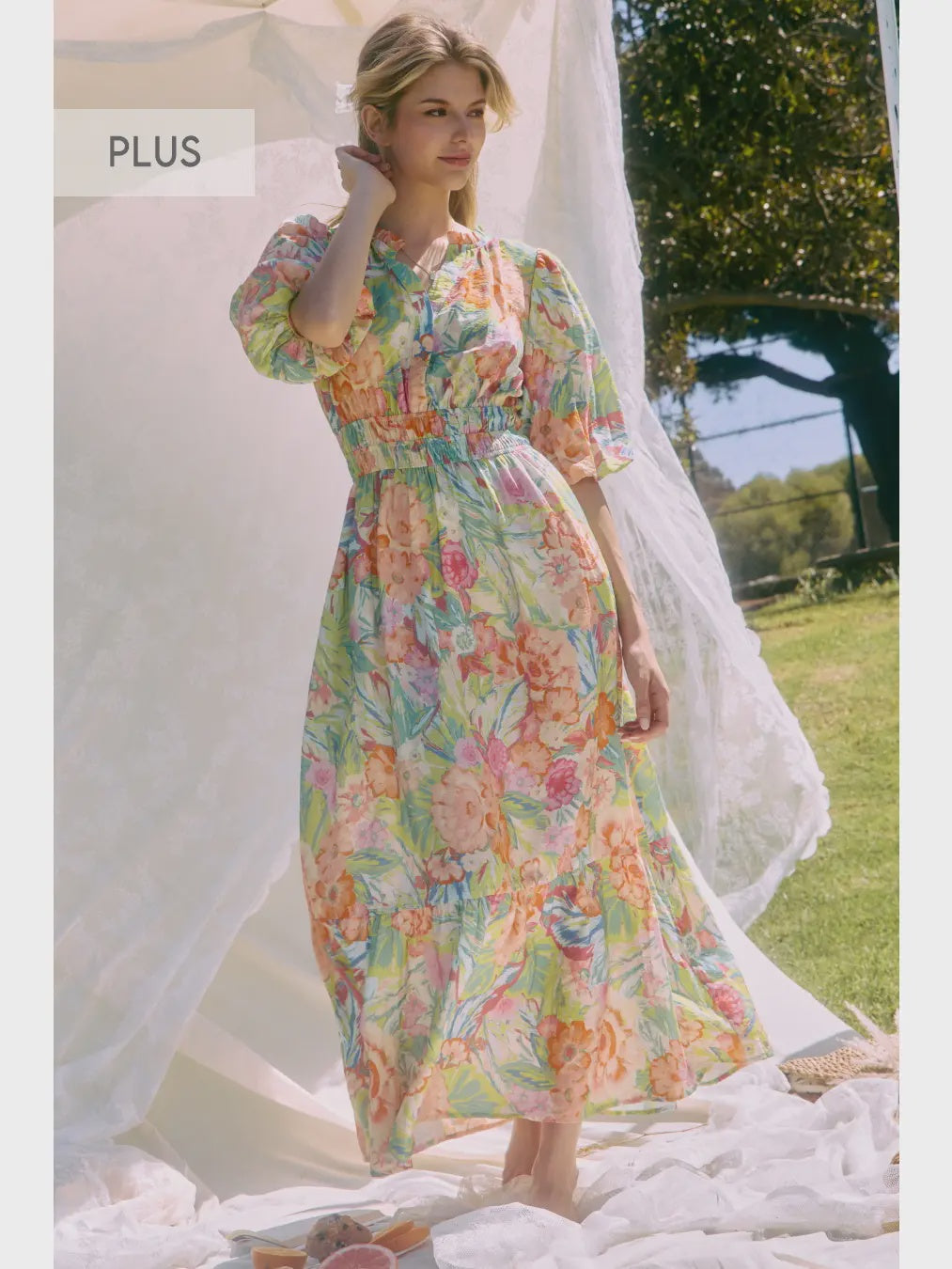 PLUS Oddi Floral Tiered Midi Dress with Puff Sleeves - Marigold Garden