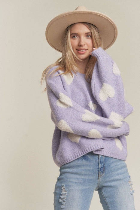 Madelyn Lovely Hearts Crew Neck Sweater – Lavender