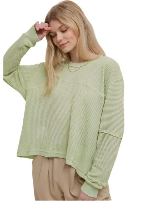 Drop Shoulder Waffle Relaxed Crop Pullover Top