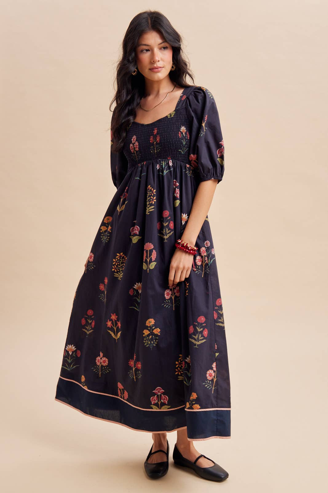 Black Floral Printed Smocked Maxi Dress