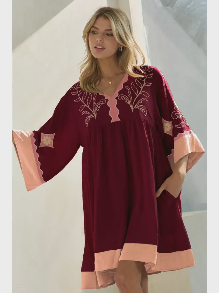 Embroidered Plunge V-Neck Mini Dress with Contrast Bands – Burgundy Mix + PLUS