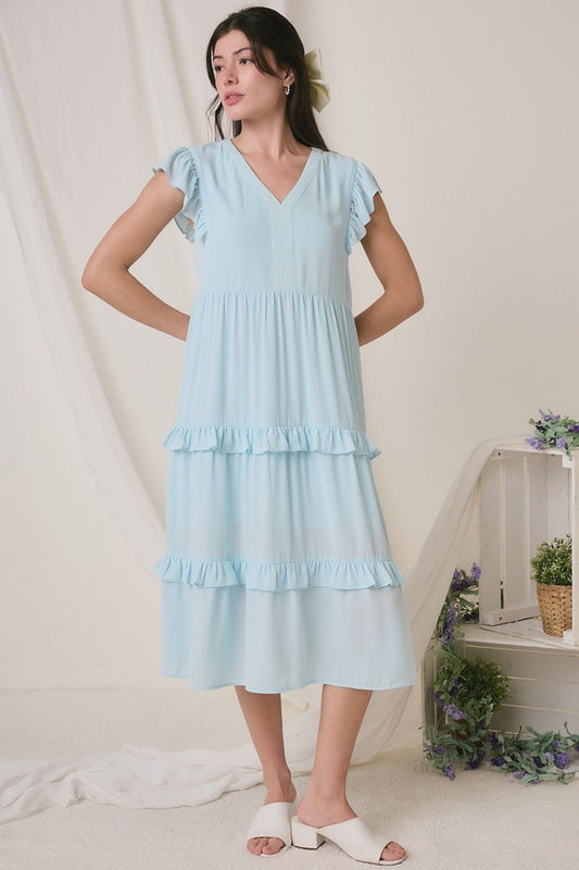 V Neck Ruffle Tier Detail Midi Dress
