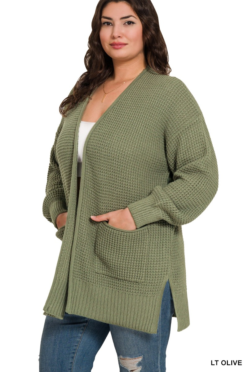 PLUS WAFFLE KNIT CARDIGAN WITH POCKETS