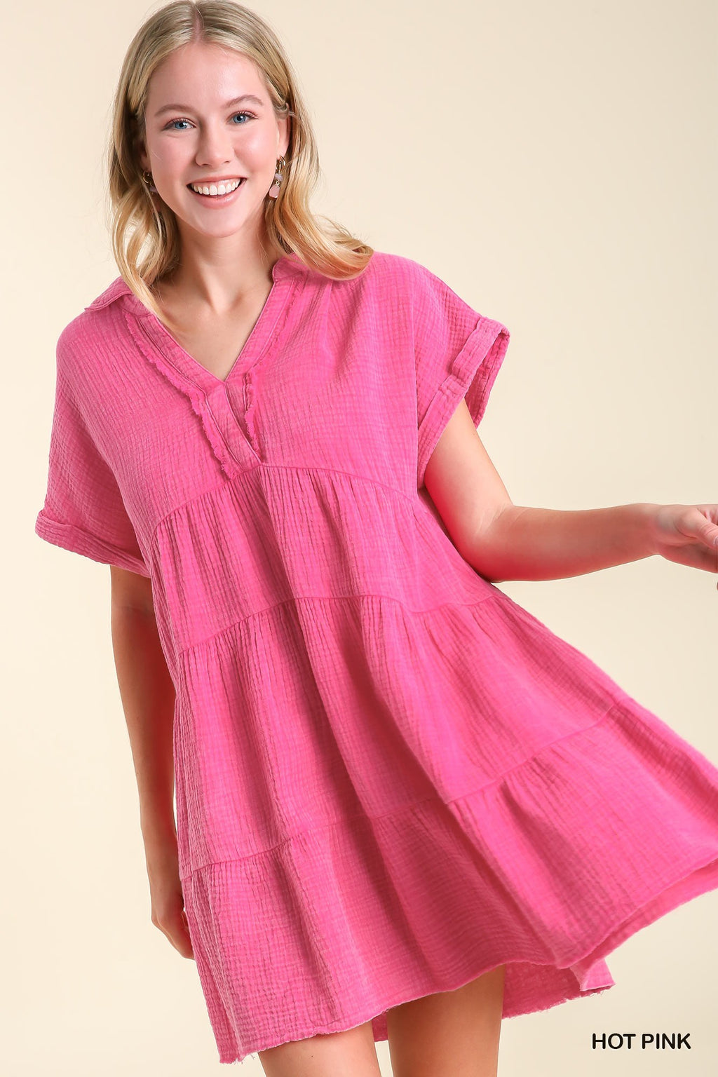 Hot Pink Mineral Wash Umgee Baby Doll Tiered Dress