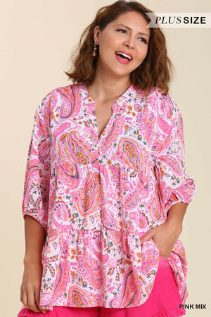 Pink Paisley Print Plus Size Umgee Tunic Top with 3/4 Cuffed Sleeves