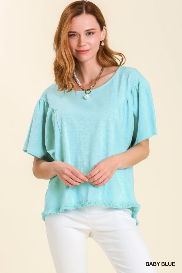 Umgee Baby Blue Round Neck Wide Sleeve Ruffle Hemmed Top