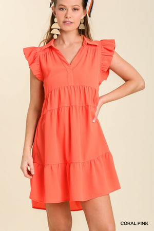 Coral Umgee Dress with Flutter Sleeves and Collar A0623