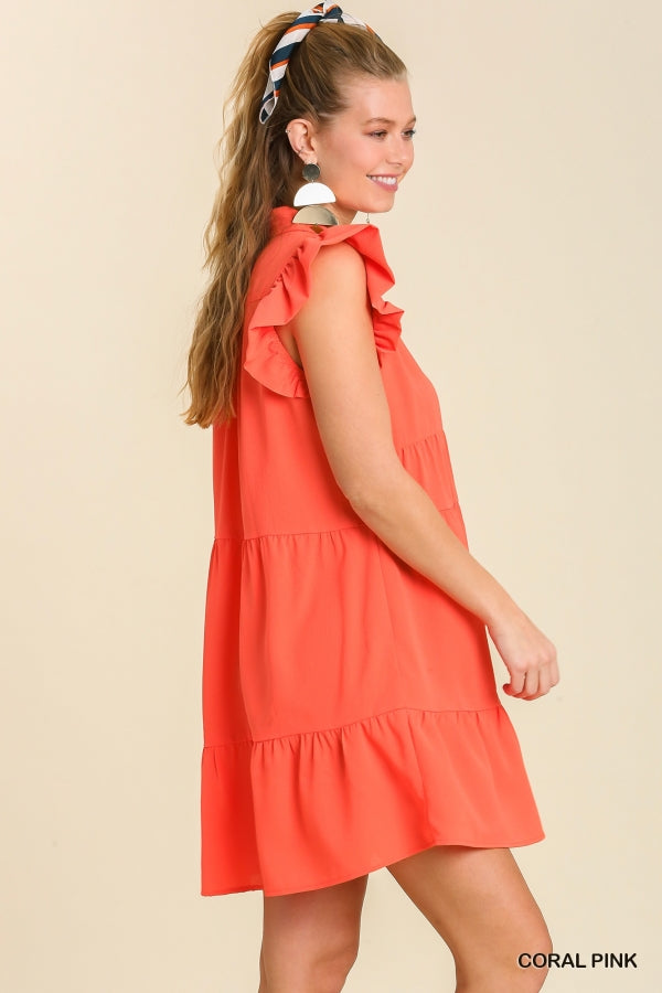 Coral Umgee Dress with Flutter Sleeves and Collar A0623