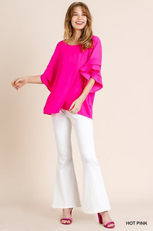 Umgee  Satin Hot Pink Layered Ruffle Sleeve and Round Neck Top
